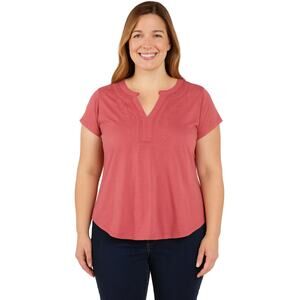 Cable & Gauge Embroidered Split Neck Top Small Petite Mauve Short Sleeve Boho